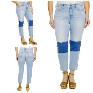 High Rise Light Shadow Colorblock Straight Leg Raw Hem Jeans Size 14